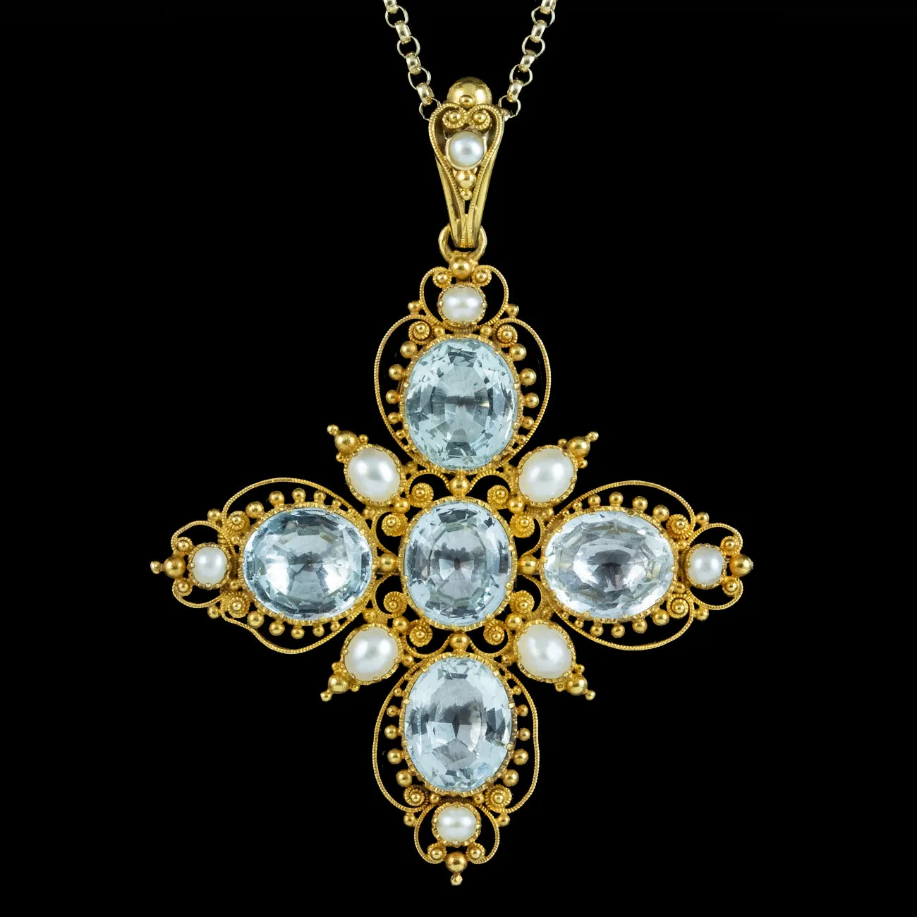 Antique Georgian Aquamarine Pearl Pendant Necklace 7.8ct Aquamarine