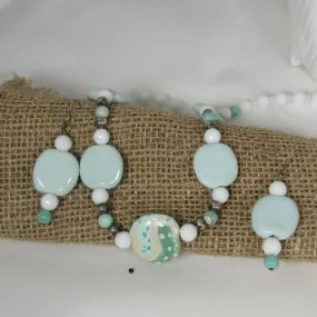 Aqua & White  Necklace & Earrings Set in Handmade Fair Trade Beads