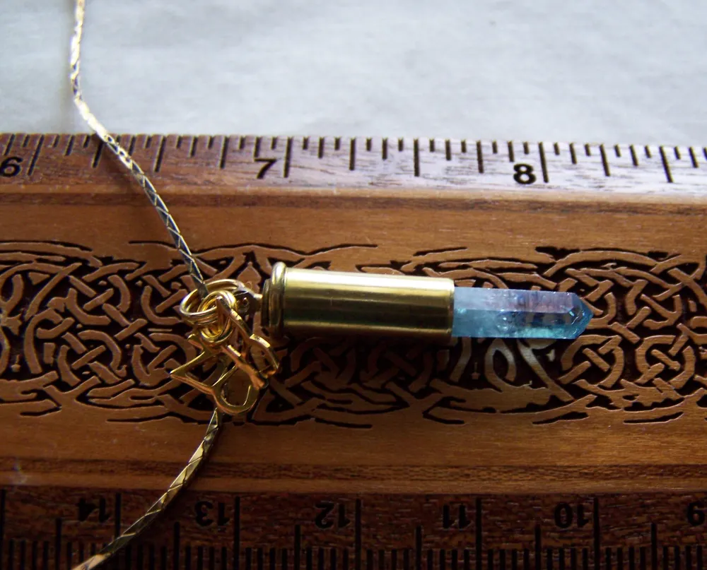 Aqua Aura Quartz Gold Butterfly Crystal Bullet Pendant