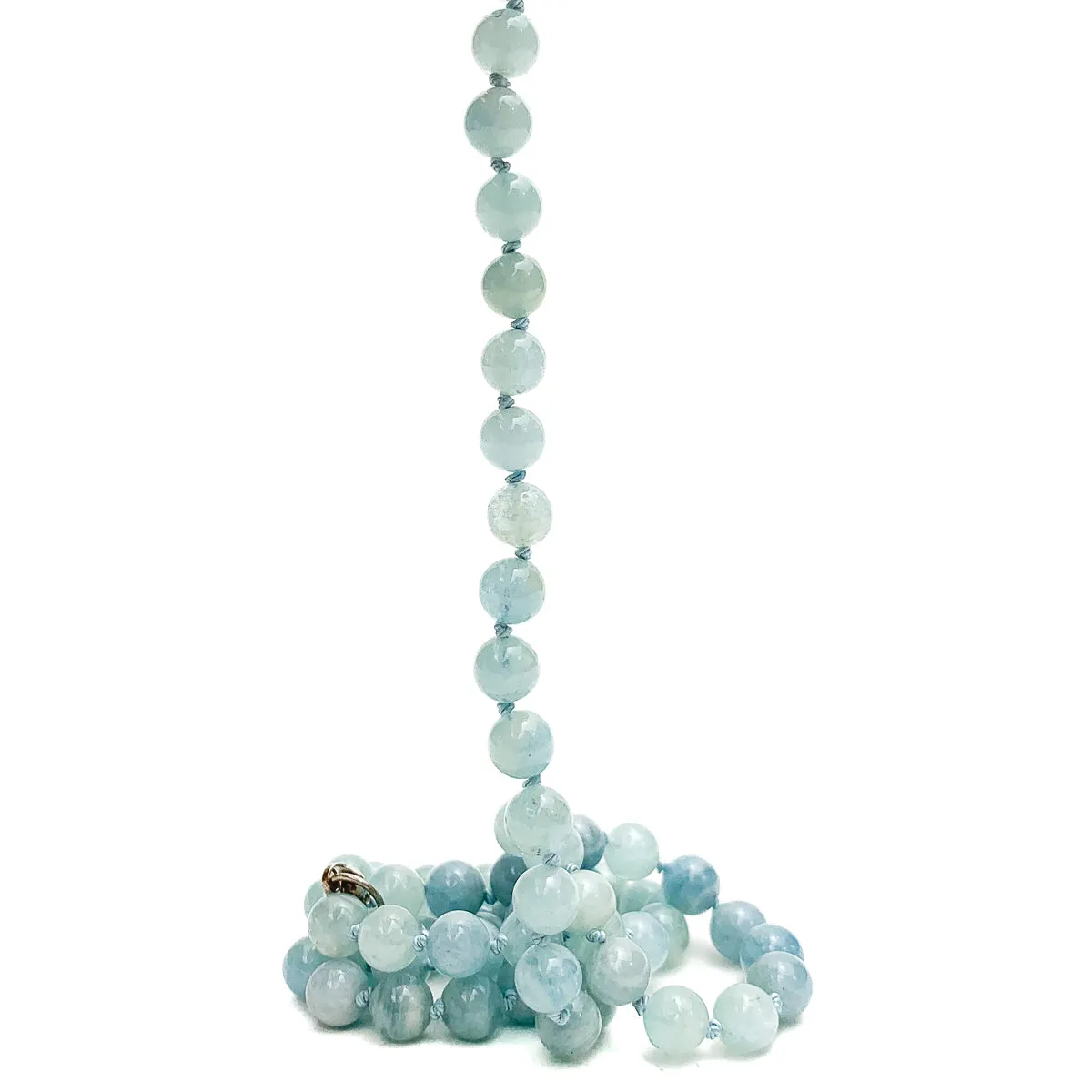 Aquamarine 6mm Knotted Necklace With Sterling Silver Trigger Clasp