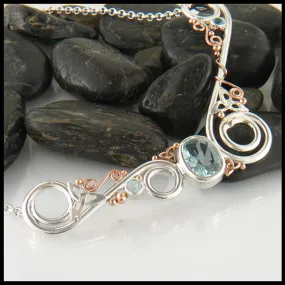 Aquamarine & Spiral Custom Bar Pendant in Silver and Gold