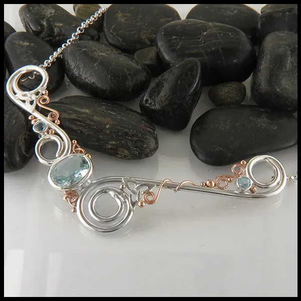 Aquamarine & Spiral Custom Bar Pendant in Silver and Gold