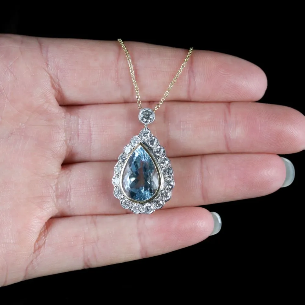 Aquamarine Diamond Pendant Necklace 10Ct Aqua 2Ct Diamonds