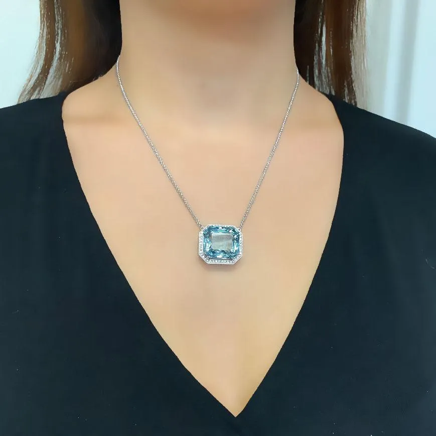 Aquamarine Emerald Cut Diamond Halo Pendant