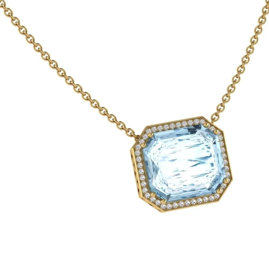 Aquamarine Emerald Cut Diamond Halo Pendant