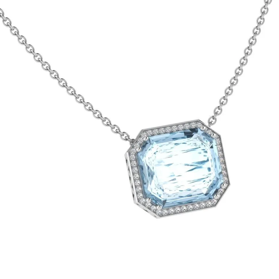 Aquamarine Emerald Cut Diamond Halo Pendant