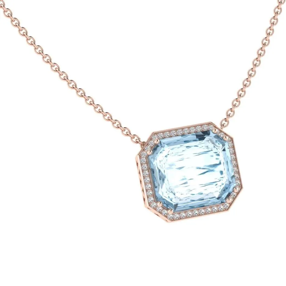 Aquamarine Emerald Cut Diamond Halo Pendant