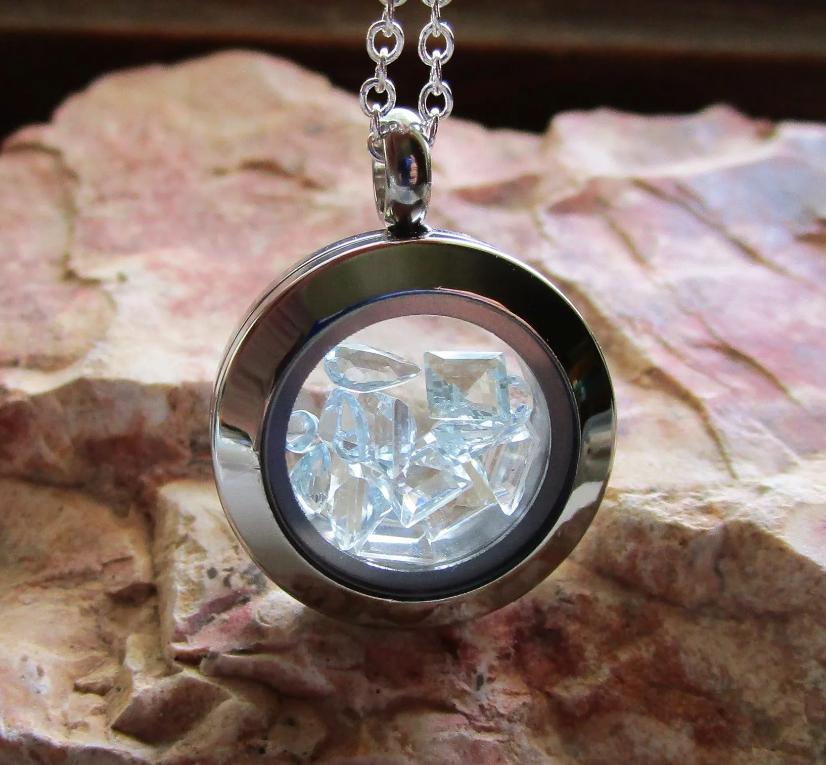 Aquamarine Gemstone Double Sided Floating Crystals Locket Pendant Necklace