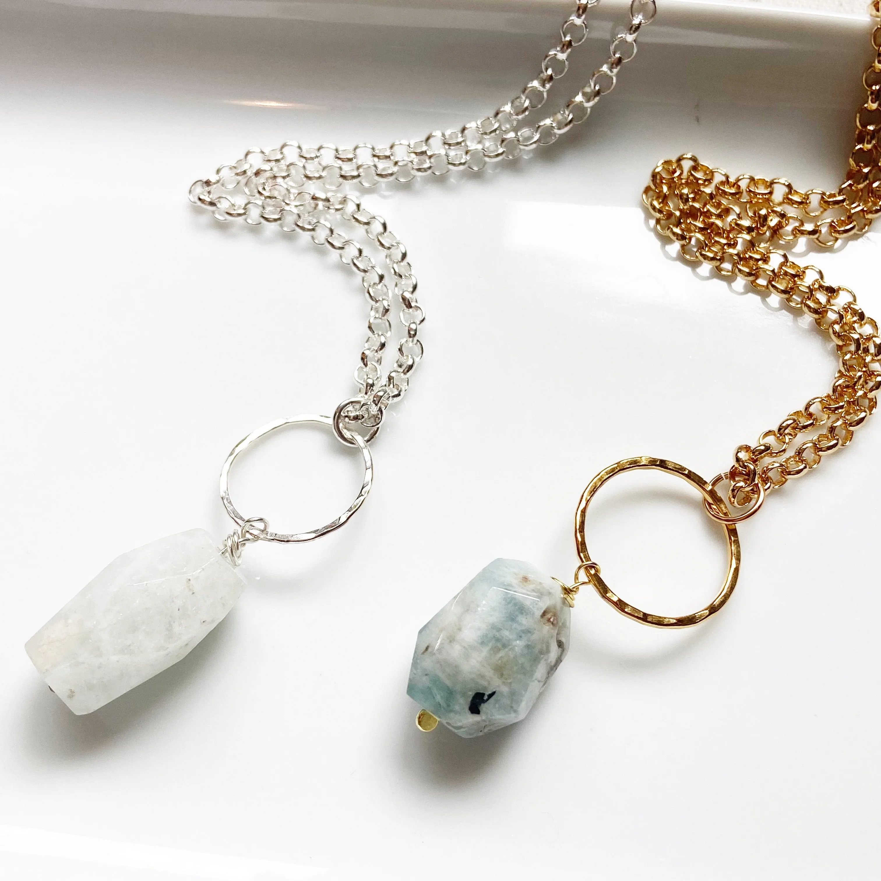 Aquamarine Geometric Long Pendant Necklace in Gold or Silver