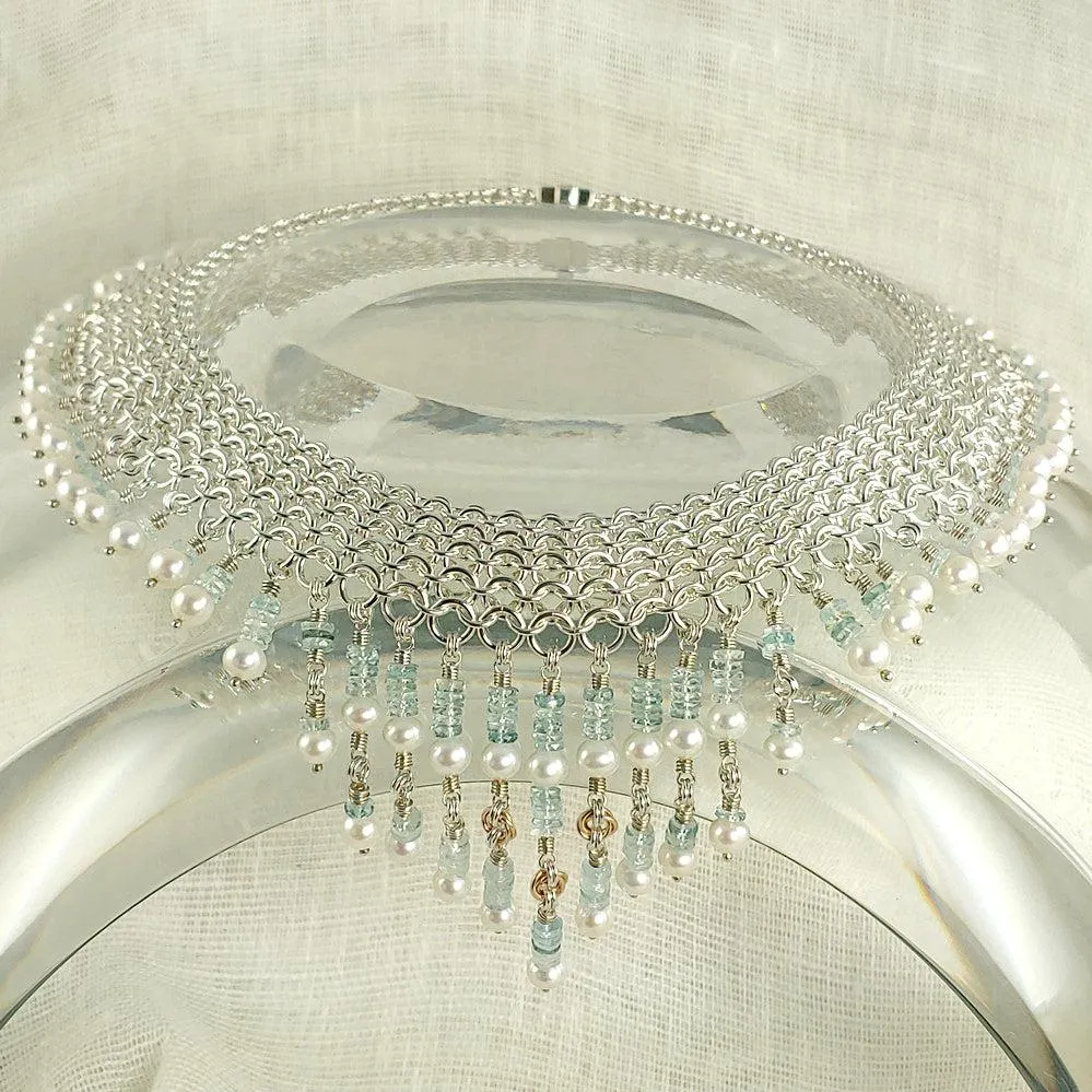 Aquamarine, Pearl, 18K Gold and Sterling Wedding Necklace