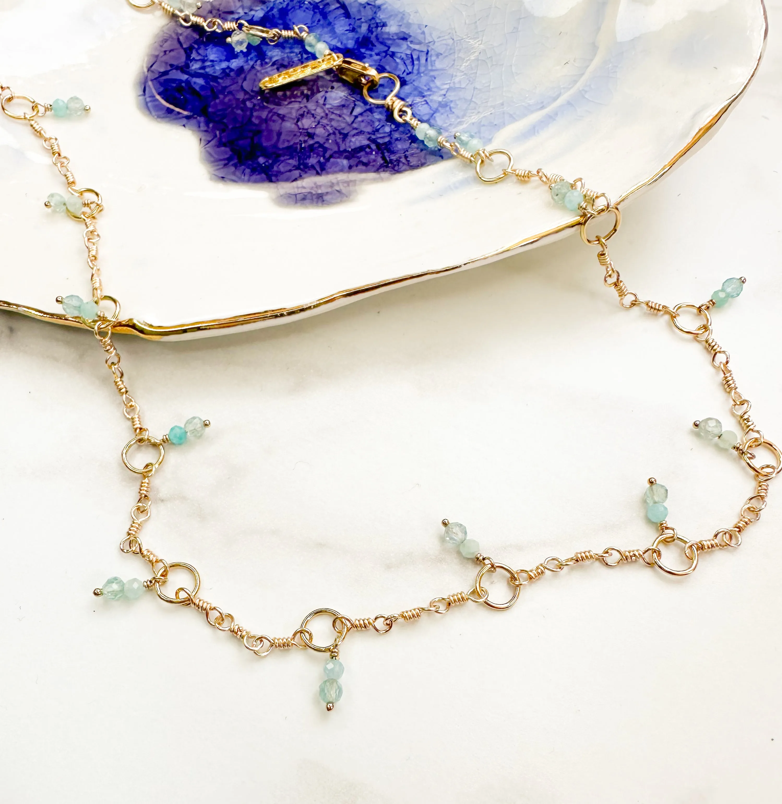 Aquamarine wrapped link necklace