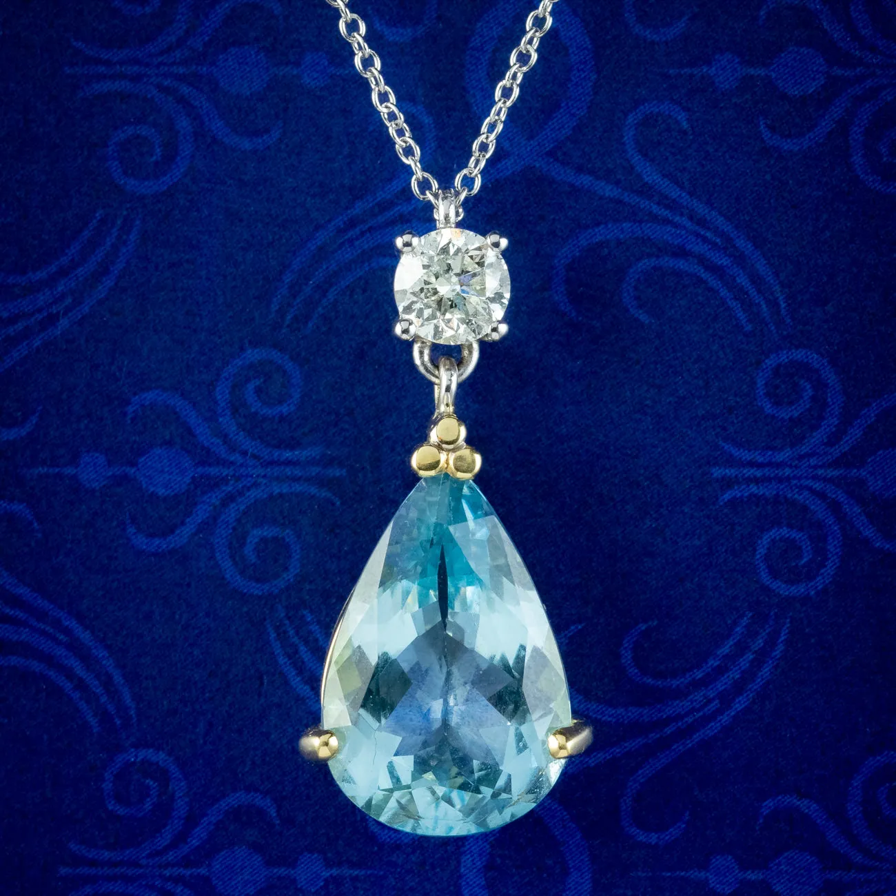 Art Deco Style Aquamarine Diamond Pendant Necklace 18ct Gold 6ct Aqua