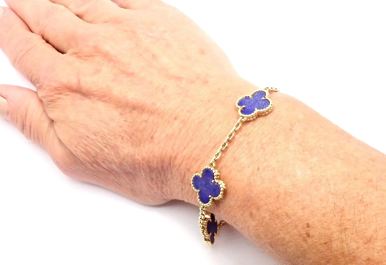 Authentic! Van Cleef & Arpels 18k Gold 5 Motif Alhambra Lapis Bracelet Paper