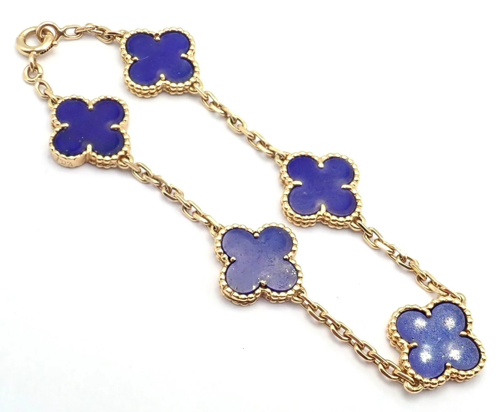 Authentic! Van Cleef & Arpels 18k Gold 5 Motif Alhambra Lapis Bracelet Paper