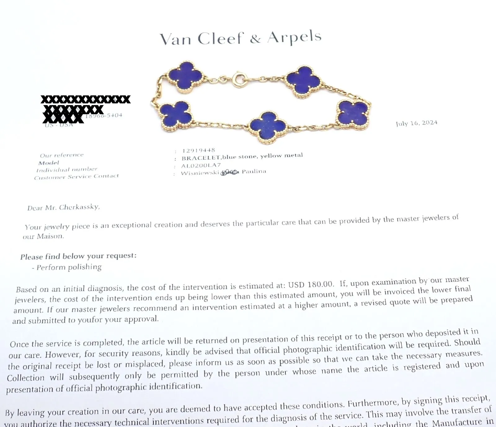 Authentic! Van Cleef & Arpels 18k Gold 5 Motif Alhambra Lapis Bracelet Paper