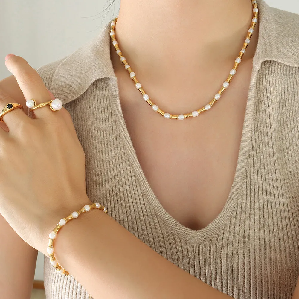 Bamboo Knot Gold Beads Freshwater Pearl Necklace Bracelet Set