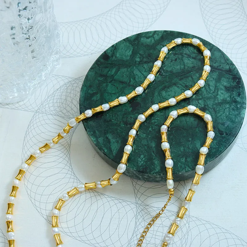 Bamboo Knot Gold Beads Freshwater Pearl Necklace Bracelet Set