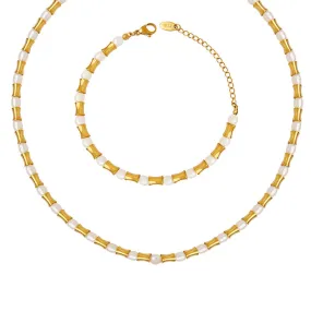 Bamboo Knot Gold Beads Freshwater Pearl Necklace Bracelet Set