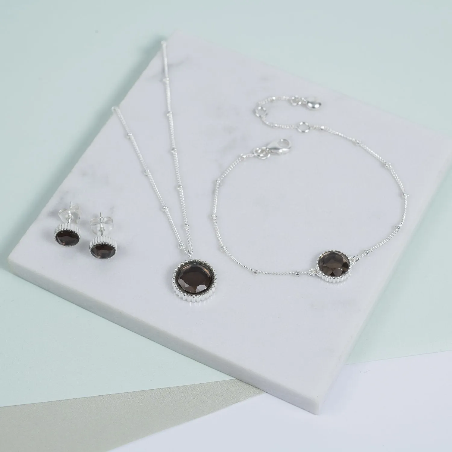 Barcelona November Birthstone Smokey Quartz & Silver Jewellery Set