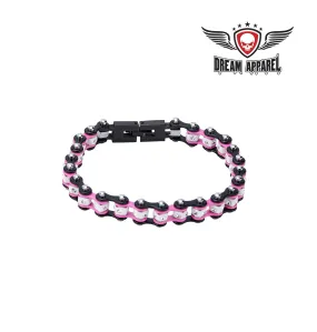 Black And Pink Squared Motorcycle Bracelet W/ Clear Gemstones