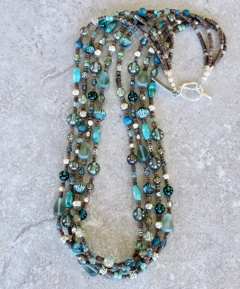 Blended Czech Glass, Turquoise, Apatite, Olive Shell Heishi and Sterling Silver 4-Strand Necklace