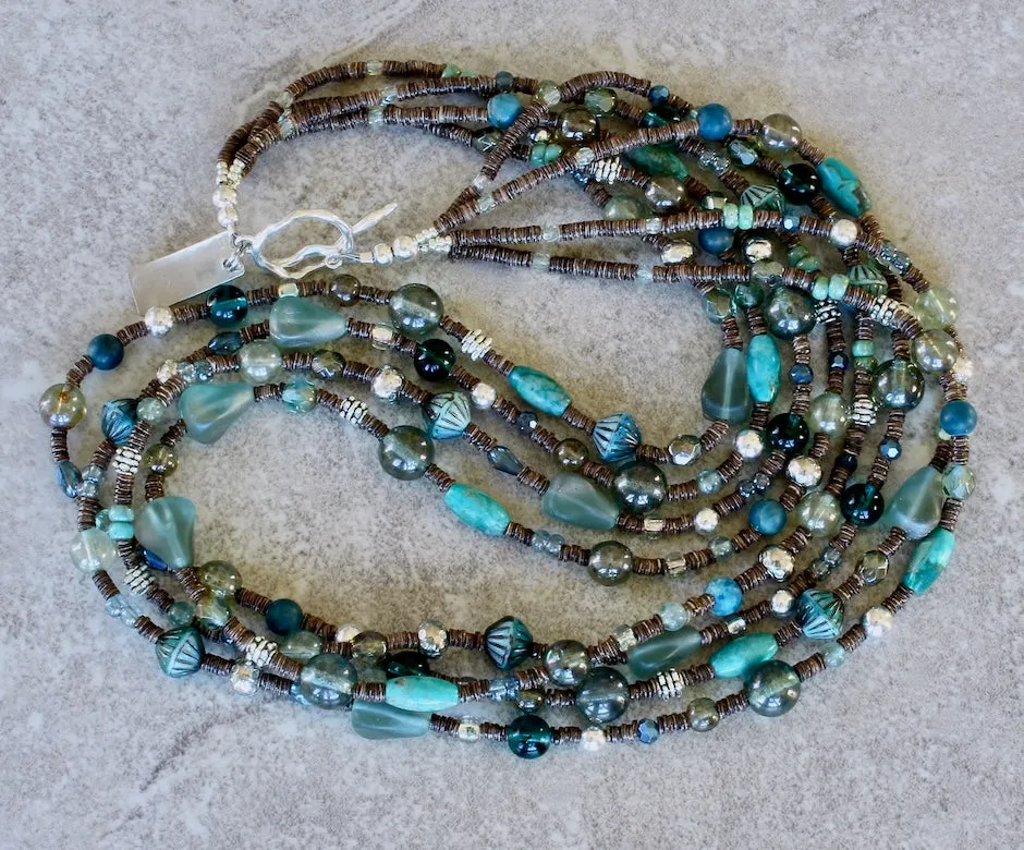 Blended Czech Glass, Turquoise, Apatite, Olive Shell Heishi and Sterling Silver 4-Strand Necklace