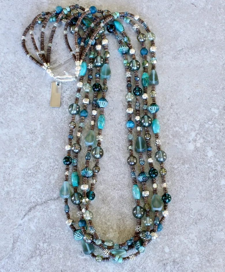 Blended Czech Glass, Turquoise, Apatite, Olive Shell Heishi and Sterling Silver 4-Strand Necklace