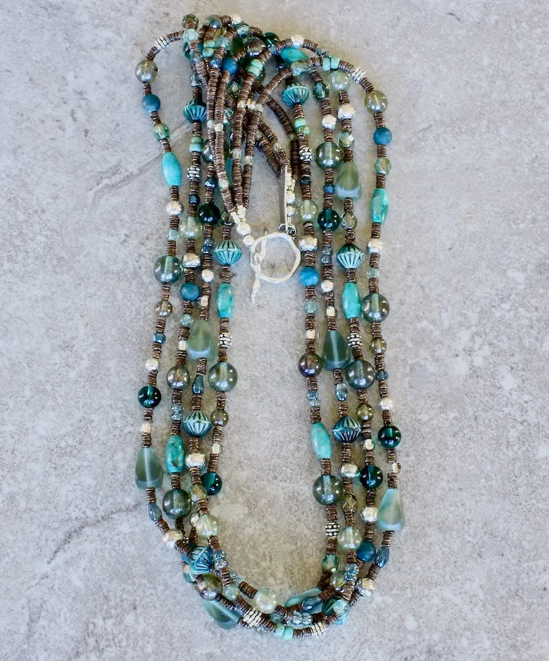 Blended Czech Glass, Turquoise, Apatite, Olive Shell Heishi and Sterling Silver 4-Strand Necklace