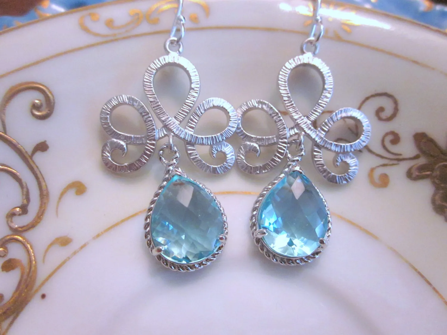 Blue Aquamarine Earrings Silver Tiara Connectors - Bridesmaid Earrings - Bridal Earrings - Wedding Jewelry - Bridesmaid Jewelry Gift