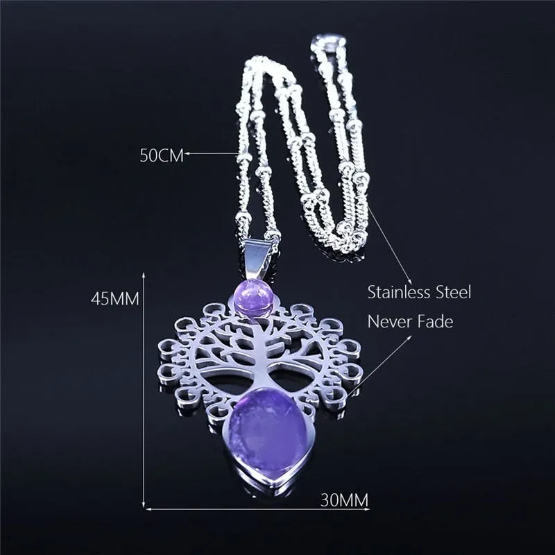 Bohemia Tree of Life Stainless Steel Purple Crystal Necklace For Women Silver Color Charm Necklace