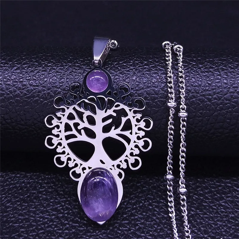 Bohemia Tree of Life Stainless Steel Purple Crystal Necklace For Women Silver Color Charm Necklace