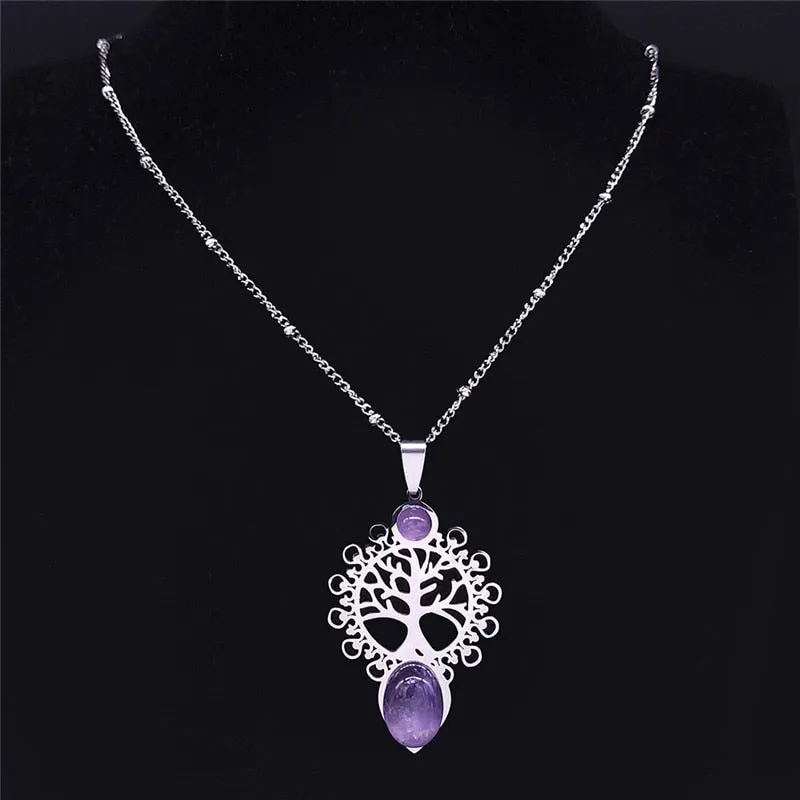 Bohemia Tree of Life Stainless Steel Purple Crystal Necklace For Women Silver Color Charm Necklace