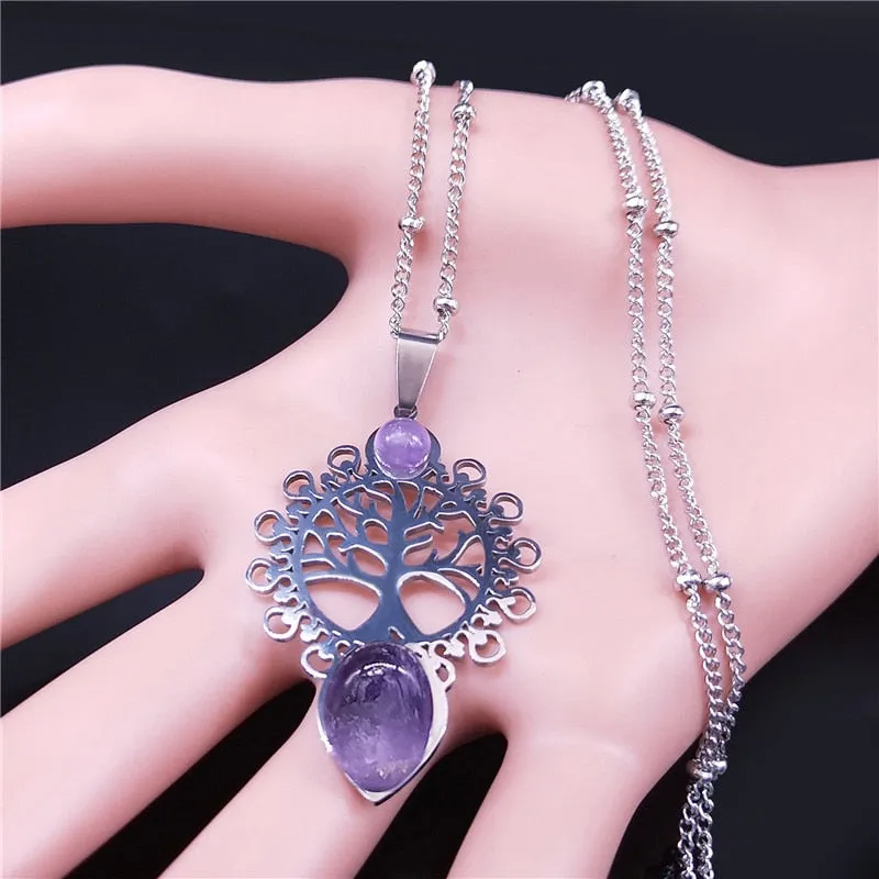 Bohemia Tree of Life Stainless Steel Purple Crystal Necklace For Women Silver Color Charm Necklace