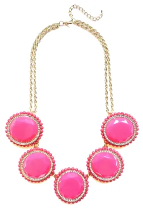 Bold Oval Gem Statement Necklace- Pink