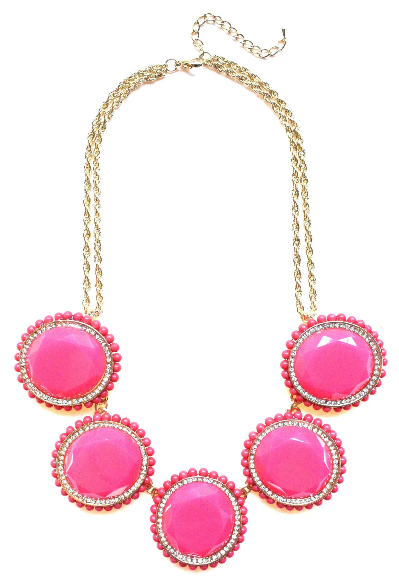 Bold Oval Gem Statement Necklace- Pink