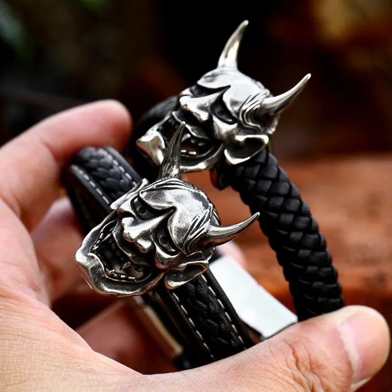 Bold Retro Titanium Steel Men's Leather Bracelet - Domineering Prajna Mask Design for Statement Style