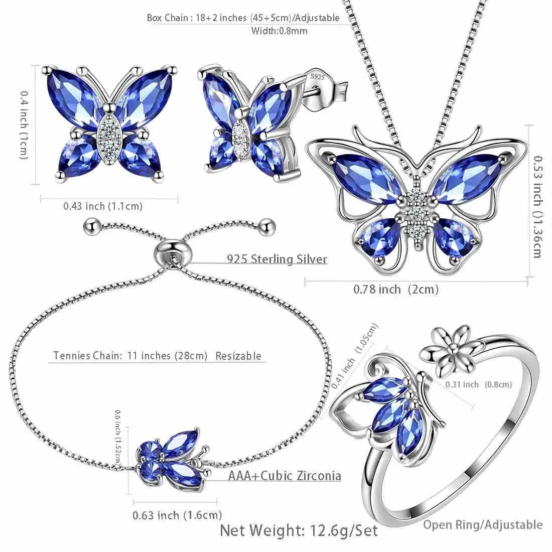 Butterfly Birthstone December Tanzanite Jewelry Set 5PCS Women Girls Birthday Gift