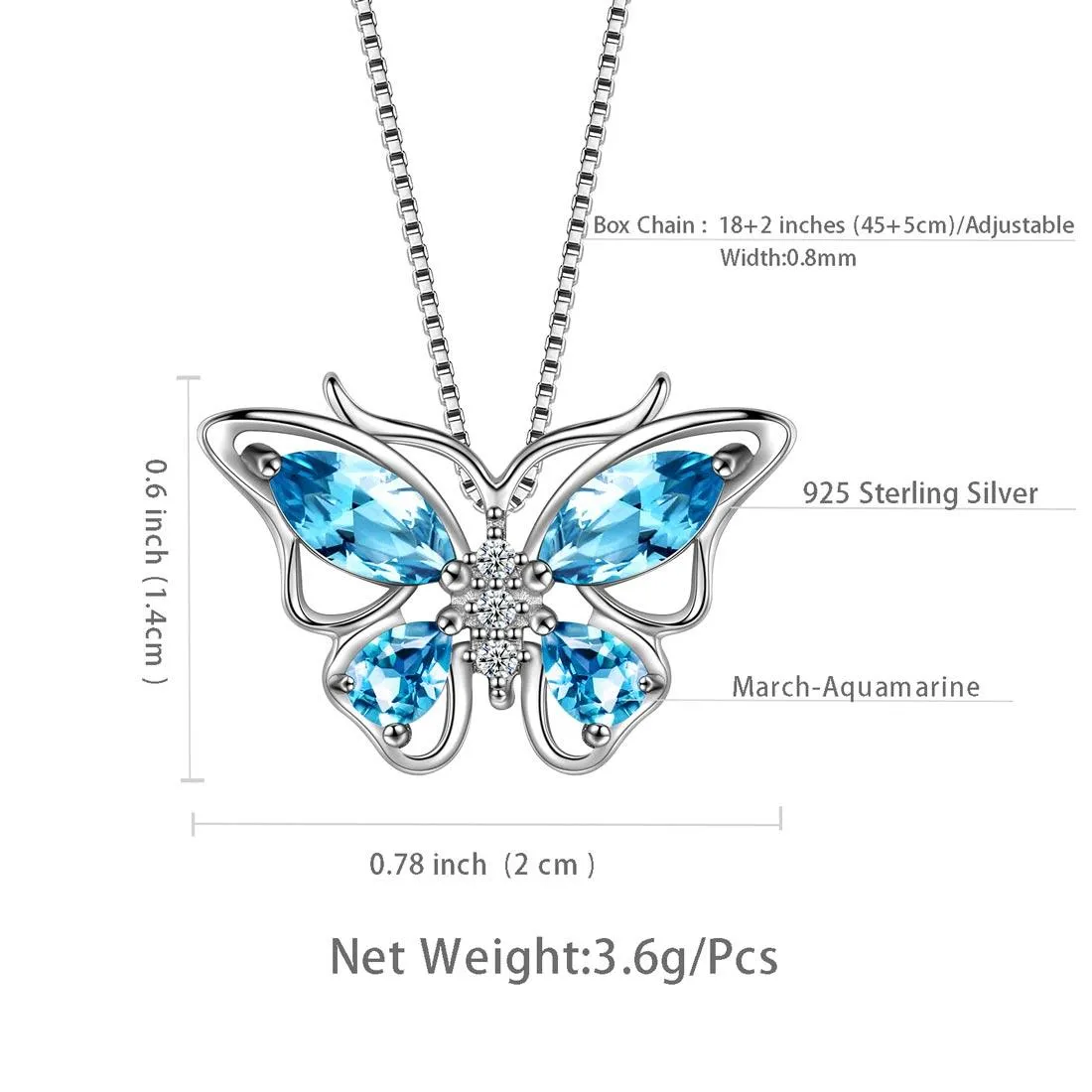 Butterfly Pendant Necklace Birthstone March Aquamarine Women Girls Jewelry Birthday Gift