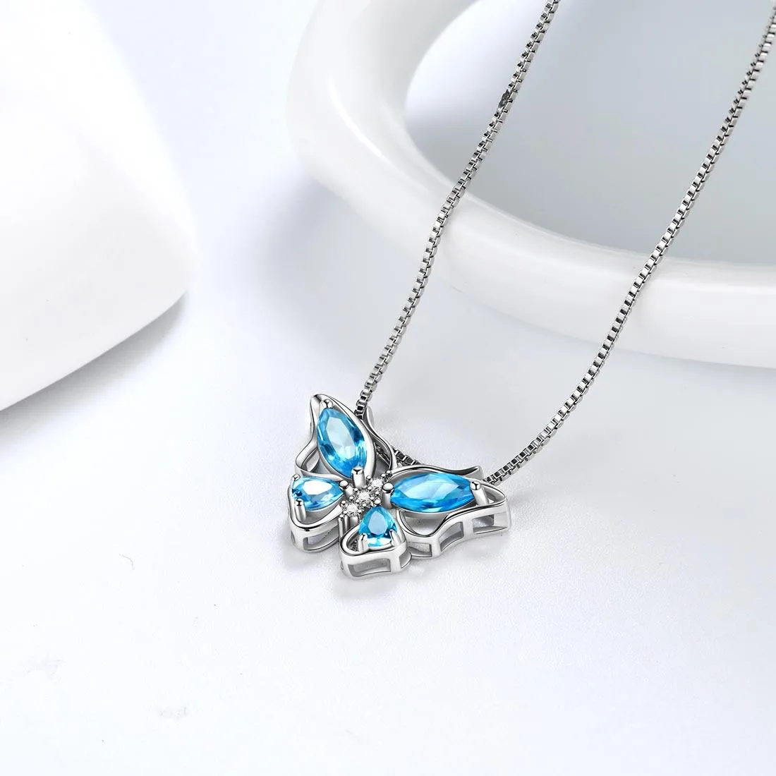 Butterfly Pendant Necklace Birthstone March Aquamarine Women Girls Jewelry Birthday Gift