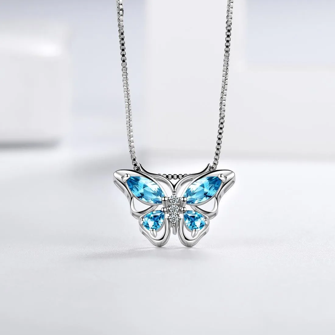 Butterfly Pendant Necklace Birthstone March Aquamarine Women Girls Jewelry Birthday Gift