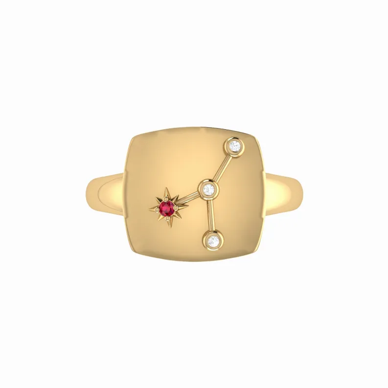 Cancer Crab Ruby & Diamond Constellation Signet Ring in Sterling Silver