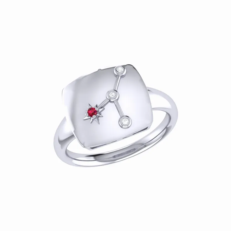 Cancer Crab Ruby & Diamond Constellation Signet Ring in Sterling Silver