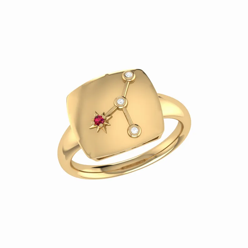 Cancer Crab Ruby & Diamond Constellation Signet Ring in Sterling Silver