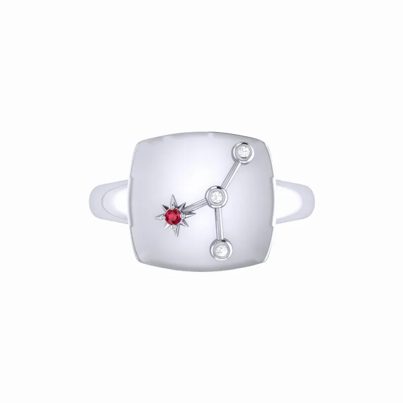 Cancer Crab Ruby & Diamond Constellation Signet Ring in Sterling Silver