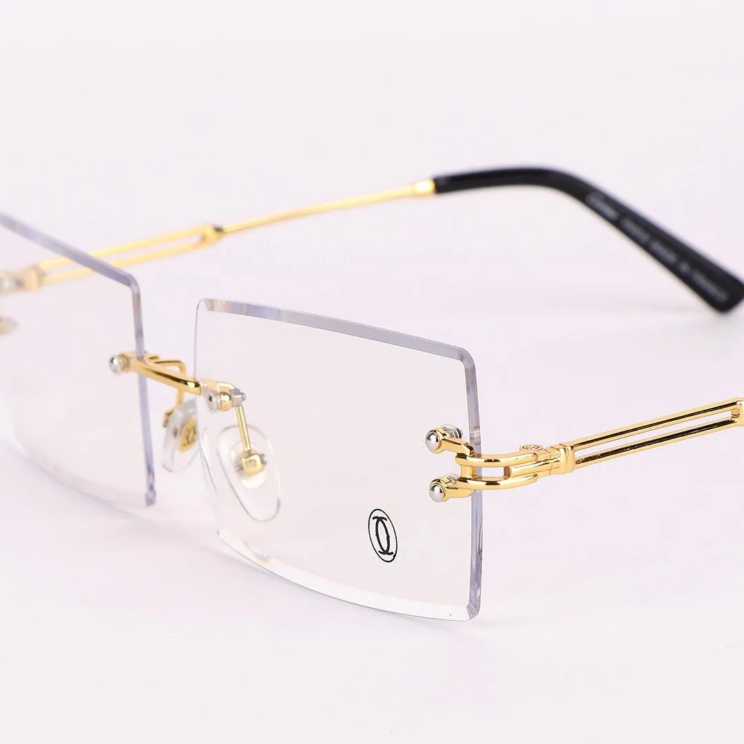 Cartier Luxurious Designed Shiny Gold And Black Metal Rimless Glasses