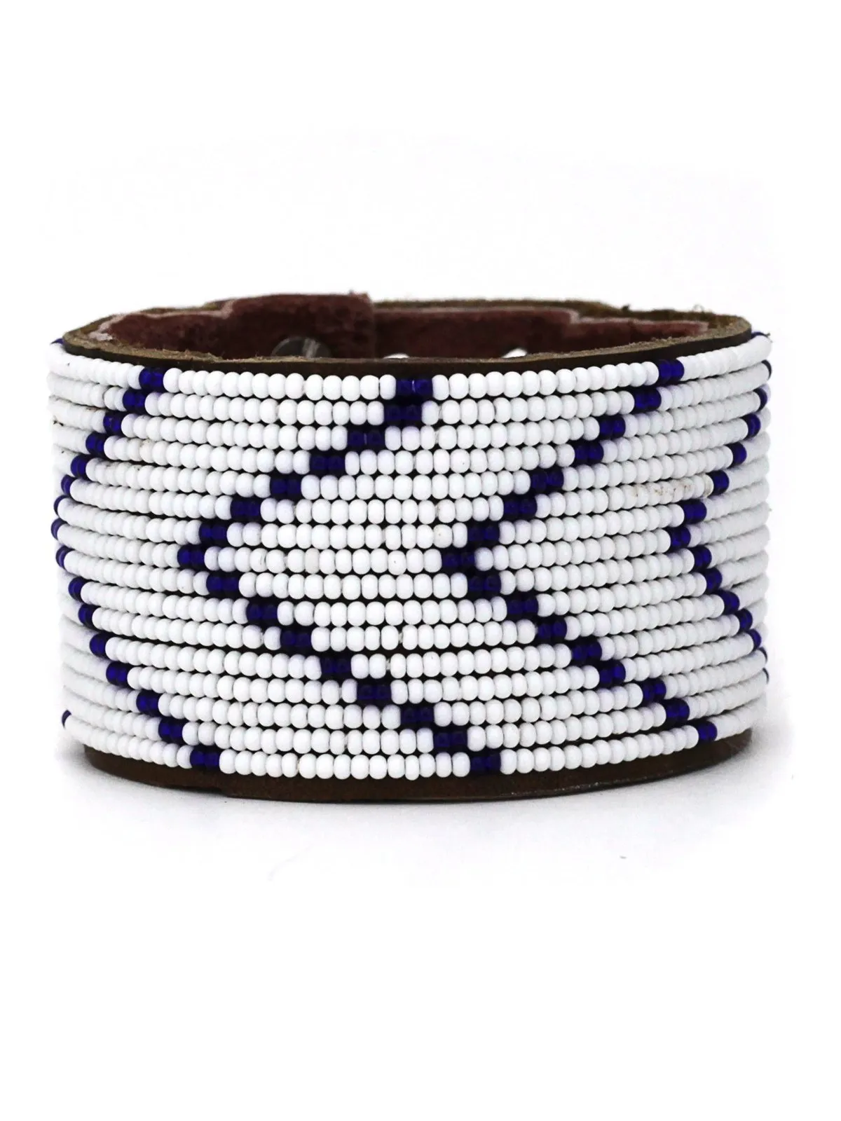 Chevron Dark Blue Beaded Leather Cuff