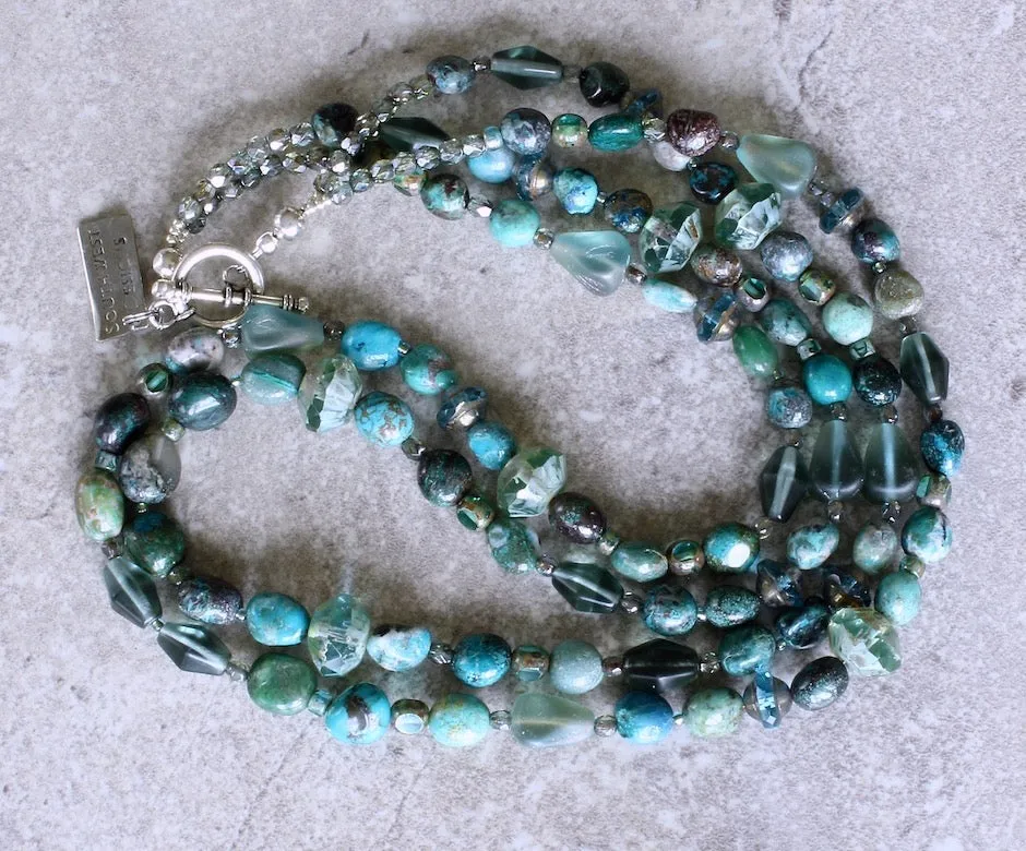 Chrysocolla Pebble & Sleeping Beauty Jasper Rounds 2-Strand Necklace with Blended Czech Glass and a Sterling Silver Toggle Clasp