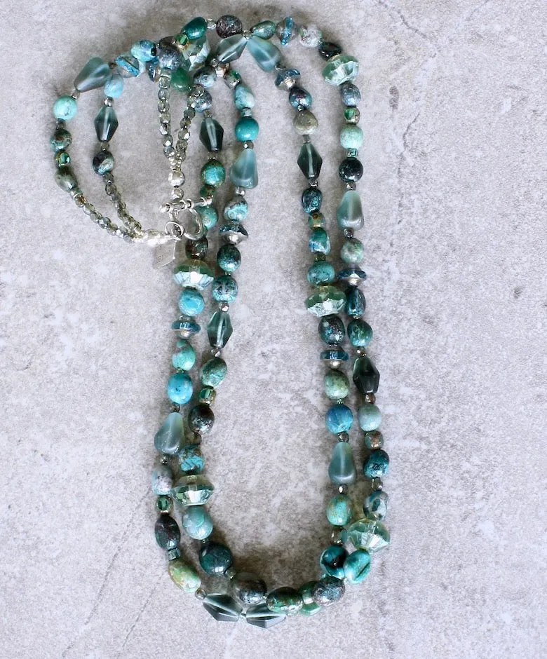 Chrysocolla Pebble & Sleeping Beauty Jasper Rounds 2-Strand Necklace with Blended Czech Glass and a Sterling Silver Toggle Clasp