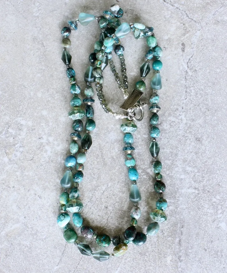 Chrysocolla Pebble & Sleeping Beauty Jasper Rounds 2-Strand Necklace with Blended Czech Glass and a Sterling Silver Toggle Clasp