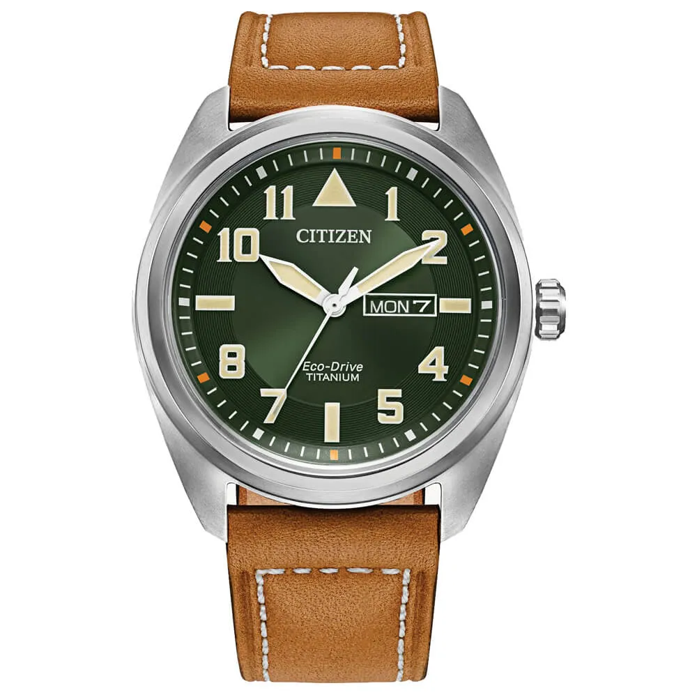 Citizen Garrison Green Dial Caramel Brown Leather Strap Men's Watch BM8560-02X